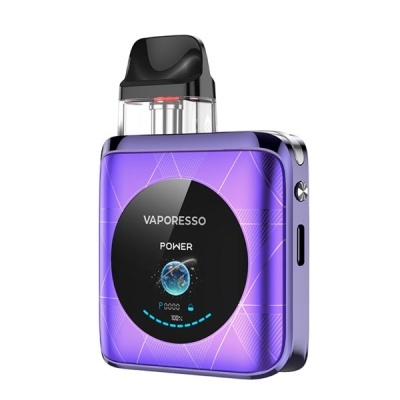 Dispositivo de vaporização compacto roxo com visor circular e bocal preto
