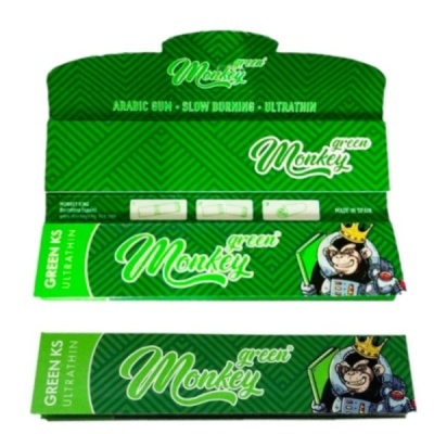 Embalagem verde de papel de tabaco Monkey Green com macaco de coroa e texto explicativo