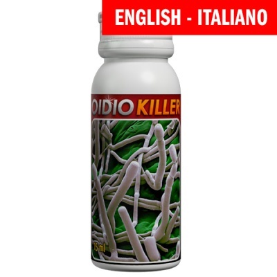 Frasco branco com rótulo colorido mostrando fungos brancos e texto OIDIO KILLER