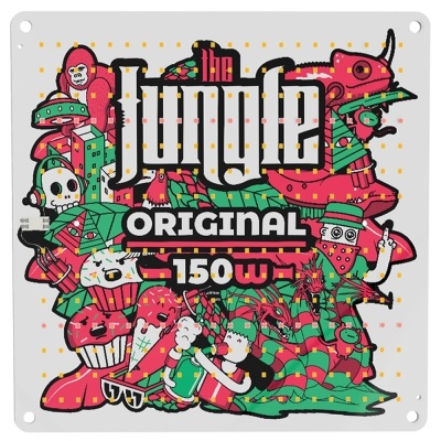 Placa decorativa com ilustração colorida e texto the jungle ORIGINAL 150 W.