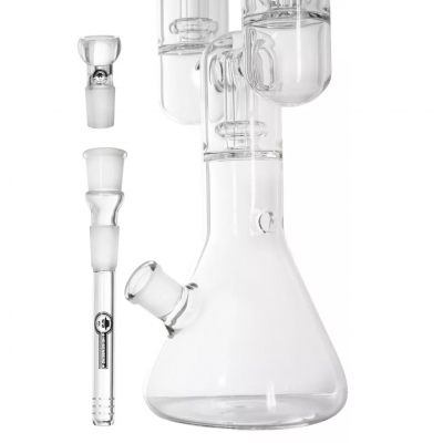 Bong de vidro transparente com acessórios, etiquetas GRAV