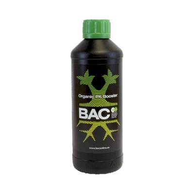 Frasco plástico preto com tampa verde e rótulo Organic PK Booster BAC