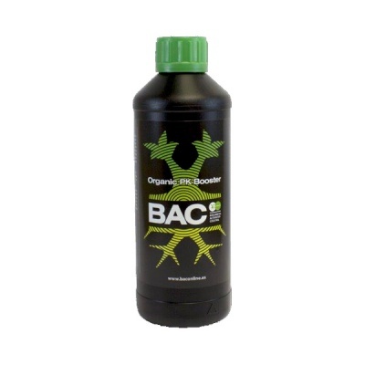 Frasco preto com tampa verde de fertilizante BAC Organic PK Booster