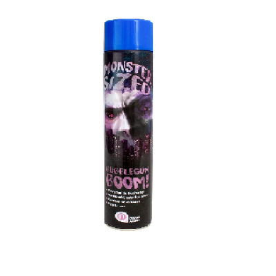 Frasco de spray preto com tampa azul e rótulo com rosto assustador e texto