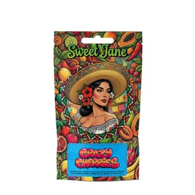 Embalagem colorida com ilustração de mulher, frutas e texto Sweet Jane e Crazy Cherries.