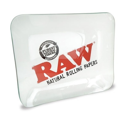 tabuleiro de vidro RAW com logótipo vermelho e preto