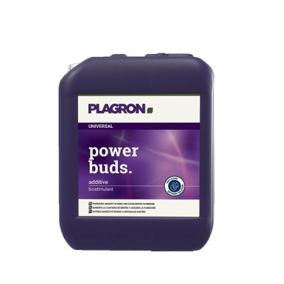 Frasco plástico roxo com etiqueta de fertilizante Plagron Power Buds