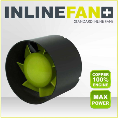 Ventoinha inline padrão preta com hélice verde e texto informativo