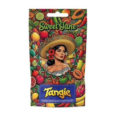 Embalagem colorida com ilustração de mulher e frutas, texto Sweet Jane e Tangie