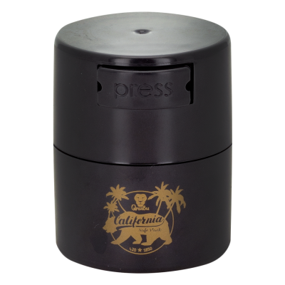Recipiente plástico preto com botão 'press' e design dourado de palmeiras