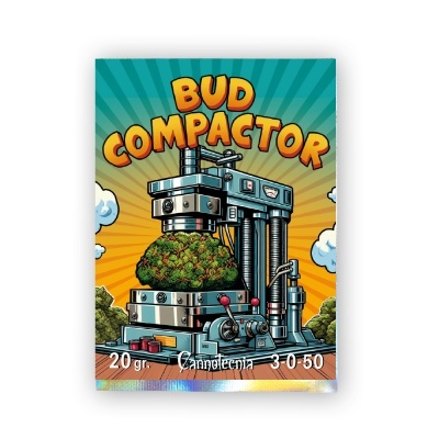 Embalagem colorida com ilustração de compactador metálico e ramo verde