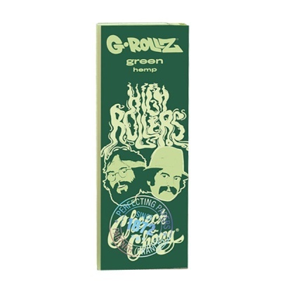 Embalagem verde de papel de enrolar G-ROLLZ com design gráfico e texto