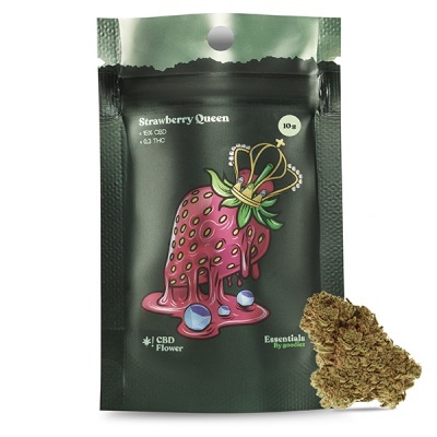 Pacote preto de CBD Flower e flor seca ao lado