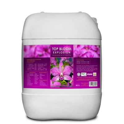 Recipiente branco de plástico com etiqueta roxa e imagem de flor para produto TOP BLOOM EXPLOSION