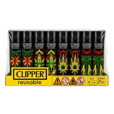 Conjunto de isqueiros Clipper reutilizáveis com design de folhas em suporte amarelo