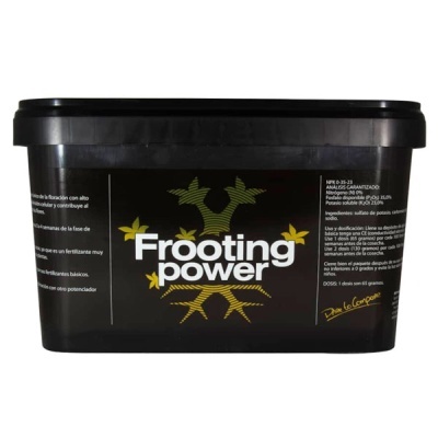 Recipiente preto de plástico com rótulo Frooting power e texto informativo sobre fertilizante