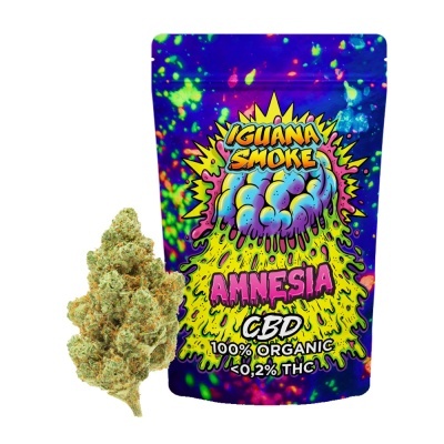 Pacote colorido psicadélico com texto e flor de cannabis verde