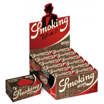 Caixas de papel para enrolar tabaco Smoking Brown Rolls em expositor castanho e vermelho