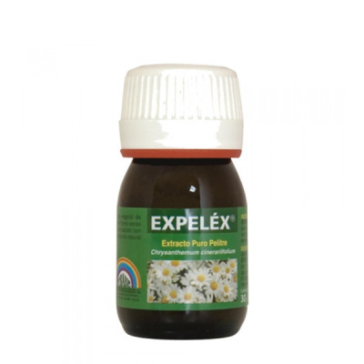 Frasco de extracto puro Pelitre com rótulo verde e flores brancas
