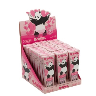 Embalagens rosa com panda e corações, cones pré-rolados G-Rollz king size