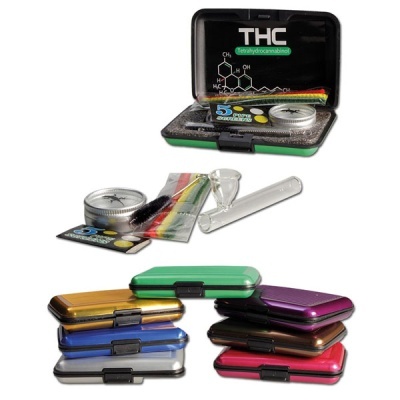 Estojo metálico de acessórios para THC com vidro e rolo, e vários estojos coloridos fechados