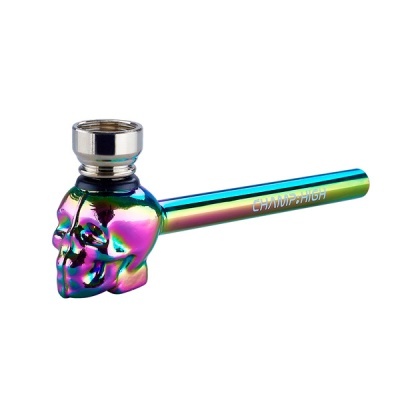 Piteira metálica iridescente em forma de caveira com tubo e texto CHAMP:HIGH