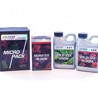 Quatro produtos de jardinagem Grotek com embalagens coloridas e textos claros