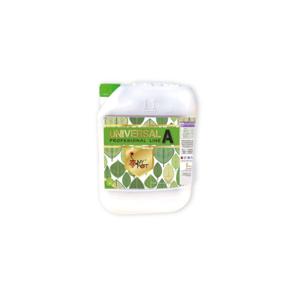 Recipiente branco plástico com rótulo verde folhas e tampa verde.
