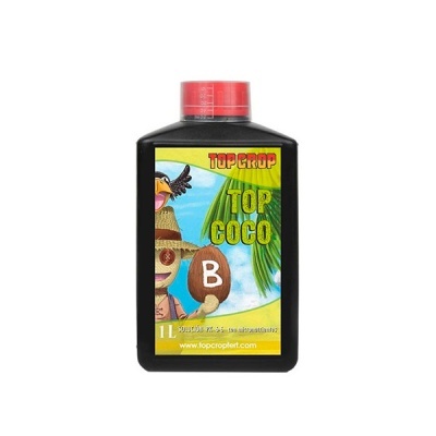 Recipiente preto com rótulo colorido e tampa vermelha da solução TOP CROP TOP COCO 1L