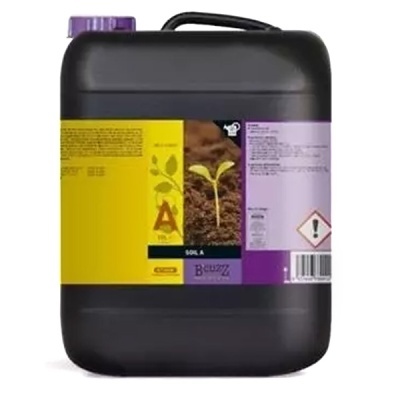 Recipiente plástico preto com tampa roxa e etiqueta colorida de produto para plantas.