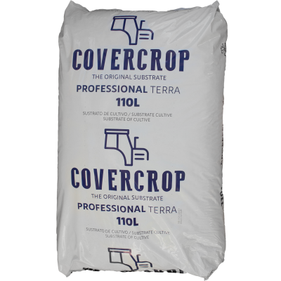 Saco branco de substrato agrícola com texto COVER CROP PROFESSIONAL TERRA 110L e desenho de trator azul