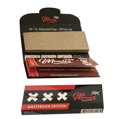 Conjunto King Monkey com papel de enrolar e filtros em embalagem preta, vermelha e castanha