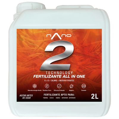 Frasco branco com etiqueta laranja de fertilizante líquido Nano 2 Technology 2L.