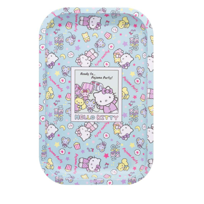 Tabuleiro azul claro com desenho Hello Kitty e texto Ready to... Pajama Party!