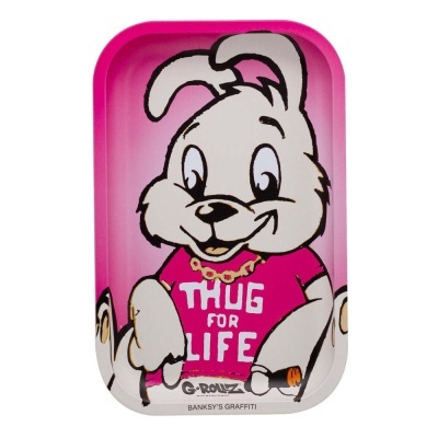 Tabuleiro rosa com imagem de coelho branco e texto THUG FOR LIFE