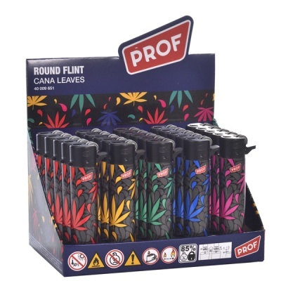 Isqueiros com padrão de folhas coloridas numa caixa azul PROF