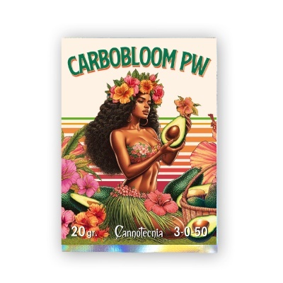 Embalagem colorida com mulher segurando abacate e flores tropicais com texto CARBOBLOOM PW.