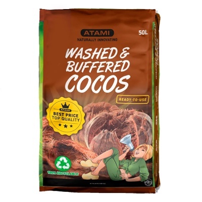 Saco de substrato Atami Washed & Buffered Cocos 50L com texto e ilustração