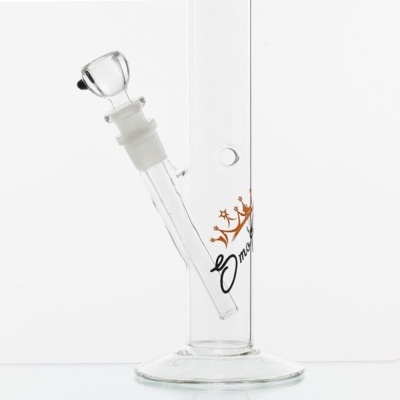 Bong de vidro transparente com logo e coroa dourada
