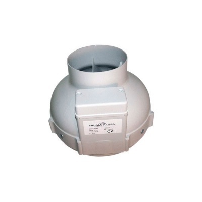 Ventoinha de exaustão redonda cinzenta com caixa elétrica integrada e rótulo