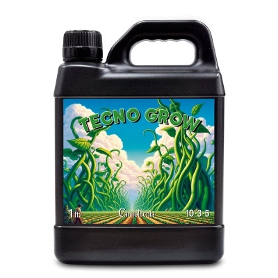 Frasco preto de suplemento para plantas com rótulo colorido TECNO GROW.