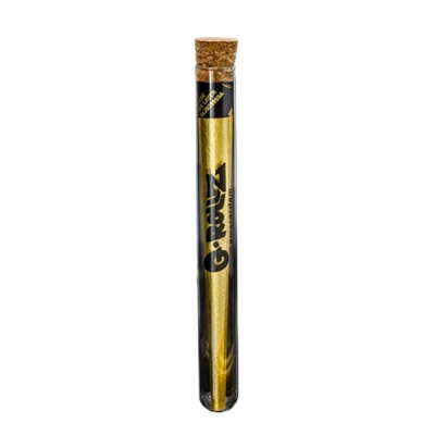 Frasco de vidro com tampa de cortiça contendo cone de papel dourado para fumar com inscrições G.ROLLZ.