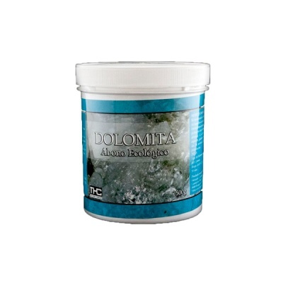 Frasco branco de Dolomita Abono Ecológico com rótulo azul e texto preto.