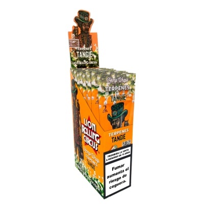 Expositor de cigarros King Size Lion Rolling Circus Hemp Wraps Terpenes Tangie laranja com ilustração de homem e aviso de saúde