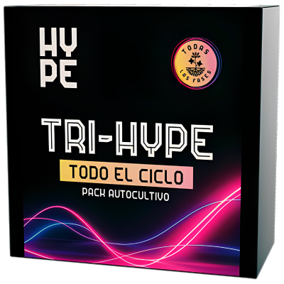 Embalagem preta com texto branco HYPE TRI-HYPE e selo colorido TODAS LAS FASES