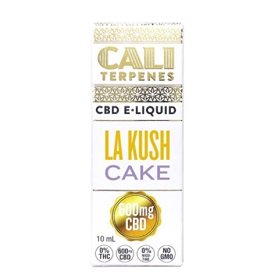 Embalagem de CBD E-LIQUID branco e dourado CALI TERPENES LA KUSH CAKE 600mg CBD