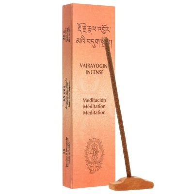 Caixa de incenso Vajrayogini Incense laranja com bastão de incenso castanho em suporte castanho