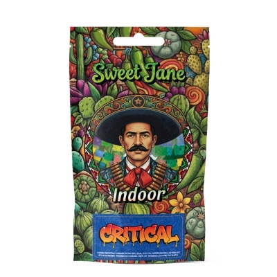 Embalagem colorida Sweet Jane Indoor Critical com ilustração de homem mexicano e cactos