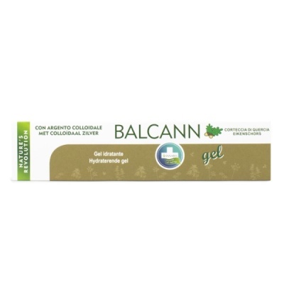 Embalagem de gel hidratante BALCANN com texto em várias línguas e selo