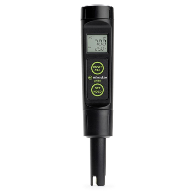 Teste digital de pH Milwauke pH58 preto com ecrã LCD e botões amarelo-verde.